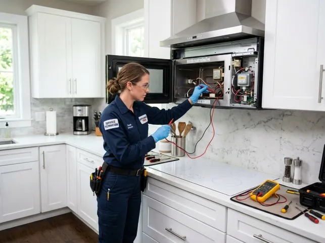 Appliance Repair Hero technician testing an over-the-range microwave in a Amissville, VA kitchen